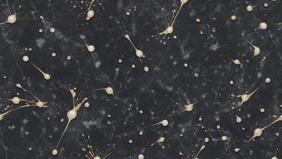 The primary subject of the image is a pattern of gold droplets on a black background. The setting is a marble-like surface, which adds to the visual style. The overall atmosphere is elegant and sophisticated, with the gold droplets creating a sense of luxury and refinement.