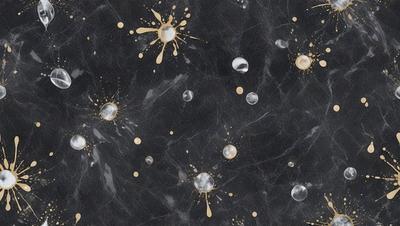 The primary subject of the image is a close-up of a marble countertop with a pattern of gold and white droplets. The setting is a black background, which contrasts with the gold and white droplets. The visual style is a combination of a photo and digital art, creating a unique and intricate pattern. The colors and mood of the image are predominantly gold and white, giving it a luxurious and elegant appearance.