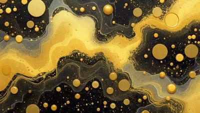 The primary subject of the image is a close-up of a gold-colored, swirling pattern. The setting is a black background, which contrasts with the gold pattern. The visual style appears to be a combination of digital art and illustration, creating a unique and eye-catching design. The dominant colors are gold and black, giving the image a rich and luxurious appearance.