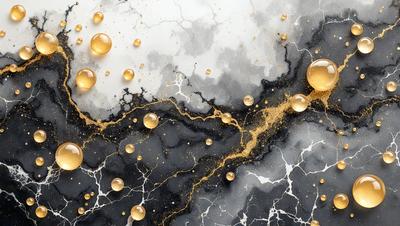The primary subject of the image is a close-up of a marble surface with gold drips and bubbles. The setting is a black and white marble countertop, and the visual style is a photo. The dominant colors are black, white, and gold, creating a contrasting and elegant atmosphere.