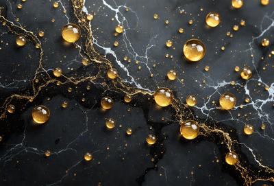 The primary subject of the image is a close-up of a black surface with a pattern of yellow bubbles. The setting appears to be a black background, and the visual style is a close-up of the bubbles. The colors and mood of the image are predominantly black and yellow, creating a contrasting and visually striking scene.