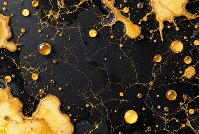 The primary subject of the image is a close-up of a black background with yellow bubbles or droplets scattered across it. The setting appears to be a dark, moody environment, possibly a night scene. The visual style of the image is a combination of a photo and digital art, as it captures the bubbles in a realistic manner while also having a slightly surreal or artistic quality. The dominant colors in the image are black and yellow, creating a striking contrast between the dark background and the bright yellow b
