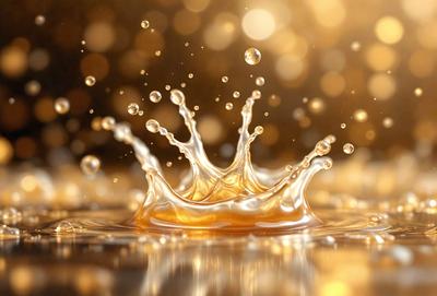 The primary subject of the image is a close-up of a bubbling liquid, possibly a beverage or a sauce, with a golden color. The setting is a table, and the visual style appears to be a photo. The colors and mood of the image are warm and inviting, with the golden liquid creating a sense of depth and movement.