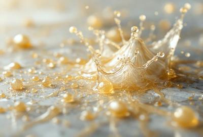 The primary subject of the image is a close-up of a yellow substance, possibly a sauce or a liquid, with a crown-like shape. The setting is a table, and the visual style appears to be a combination of a photo and digital art. The colors are predominantly yellow, and the overall atmosphere is creative and artistic.