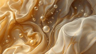 The primary subject of the image is a close-up of a white fabric with a pattern of bubbles and droplets. The setting is a white background, and the visual style appears to be a combination of a photo and digital art. The colors and mood of the image are predominantly white, with a touch of gold, creating a clean and elegant atmosphere.