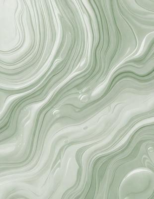 The primary subject of the image is a large, green, marbled wall with a pattern of water droplets. The setting is a room with a white background, and the visual style appears to be a combination of a photo and digital art. The dominant colors are green and white, creating a calm and soothing atmosphere.