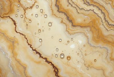 The primary subject of the image is a close-up of a marble surface with a pattern of droplets of water on it. The setting is a marble countertop, and the visual style is a photo. The dominant colors are yellow and brown, giving the scene a warm and natural atmosphere.