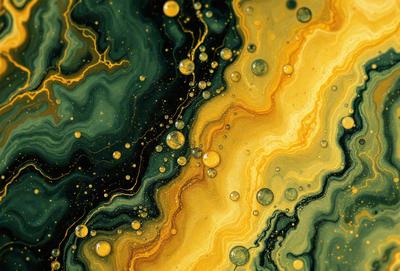 The primary subject of the image is a close-up of a yellow and green painting, featuring a mix of yellow, green, and orange colors. The painting appears to be a digital art piece, showcasing a vibrant and lively atmosphere. The setting is a canvas, and the visual style is a blend of artistic expression and digital technology. The colors and mood of the painting evoke a sense of energy and creativity.