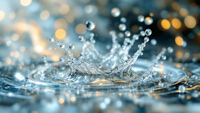 The primary subject of the image is a splash of water, which appears to be a digital art or illustration. The setting is a blue background, and the visual style gives the impression of a water drop or a bubble. The colors and mood of the image are predominantly blue, creating a calm and serene atmosphere.