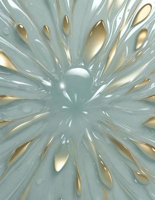 The primary subject of the image is a close-up of a white and gold flower, which appears to be made of glass. The setting is a white background, and the visual style is a combination of digital art and illustration. The dominant colors are white and gold, creating a warm and elegant atmosphere.