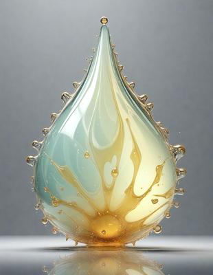 The primary subject of the image is a glass vase with a blue and yellow color scheme. The vase is placed on a white surface, which serves as the background. The visual style of the image is a combination of photo and digital art, creating a unique and eye-catching design. The dominant colors of the vase are blue and yellow, giving it a vibrant and lively appearance.