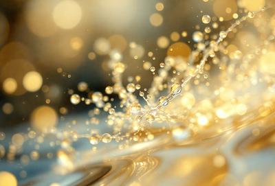 The primary subject of the image is a close-up of a water droplet, which appears to be a part of a larger water droplet pattern. The setting is a background of a yellow and gold color, which gives the image a warm and vibrant atmosphere. The visual style is a combination of a photo and digital art, creating a unique and eye-catching representation of the water droplet. The colors and mood of the image are predominantly yellow and gold, with a hint of blue, giving it