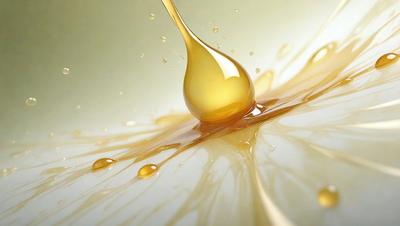 The primary subject of the image is a drop of oil, which is the main object, scene, or focus of the image. The setting is a white surface, and the visual style is a photo. The colors and mood of the image are predominantly yellow, as the oil drop is yellow, and the overall atmosphere is a mix of liquid and dripping.