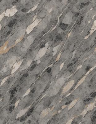 The primary subject of the image is a marble wall with a patterned design. The setting is a room with a stone wall, and the visual style is a close-up of the marble wall. The colors and mood of the image are predominantly gray and white, giving it a clean and elegant appearance.