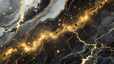 The primary subject of the image is a black marble surface with a gold-colored streak running through it. The setting is a dark room, and the visual style appears to be a combination of a photo and digital art. The colors and mood of the image are predominantly dark, with the gold streak adding a touch of warmth and contrast.