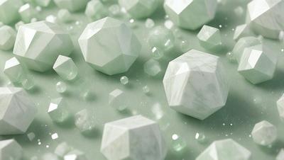 The primary subject of the image is a group of white, green, and blue geometric shapes, which are likely marbles or crystals. These shapes are scattered across a surface, which appears to be a white table or a similar background. The visual style of the image is a close-up of the geometric shapes, showcasing their intricate patterns and colors. The dominant colors in the image are white, green, and blue, creating a calm and soothing atmosphere.