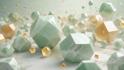 The primary subject of the image is a collection of geometric shapes, primarily green and white, arranged on a white surface. The shapes are scattered throughout the scene, creating a visually appealing and intricate pattern. The setting appears to be a white background, which further emphasizes the shapes and their colors. The visual style of the image is a combination of digital art and illustration, showcasing the artist's skill in creating a harmonious and aesthetically pleasing composition. The colors and mood of the image are