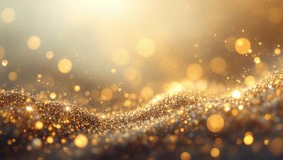 The primary subject of the image is a close-up of a shiny, golden surface, possibly a piece of gold or a gold-colored material. The setting is a dark background, which contrasts with the bright, shiny surface. The visual style appears to be a close-up of a pattern or texture, possibly a digital art or illustration. The colors and mood of the image are predominantly golden and shiny, creating a sense of luxury and elegance.