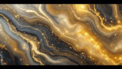The primary subject of the image is a close-up of a marbled stone with a gold and black color scheme. The setting is a dark background, which contrasts with the bright colors of the marbled stone. The visual style appears to be a combination of a photo and digital art, as the colors and patterns are vibrant and detailed. The overall atmosphere of the image is elegant and luxurious, with the gold and black colors evoking a sense of sophistication and opulence.