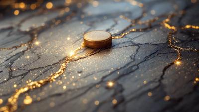 The primary subject of the image is a gold coin, which is placed on a marble surface. The setting is a marble table, and the visual style is a close-up of the coin. The colors and mood of the image are predominantly gold and shiny, giving it a luxurious and elegant appearance.
