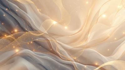 The primary subject of the image is a flowing, shimmering, and glowing white fabric. The setting is a bright, sunny day, and the visual style is a combination of a photo and digital art. The colors and mood of the image are predominantly white and gold, creating a warm and inviting atmosphere.