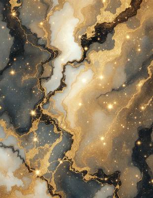 The primary subject of the image is a marble-like surface with a gold and black color scheme. The setting is a space with a starry background, giving the scene a celestial and serene atmosphere. The visual style is a combination of digital art and illustration, creating a unique and intricate design. The colors and mood convey a sense of luxury and sophistication, with the gold and black tones adding a touch of elegance to the overall composition.