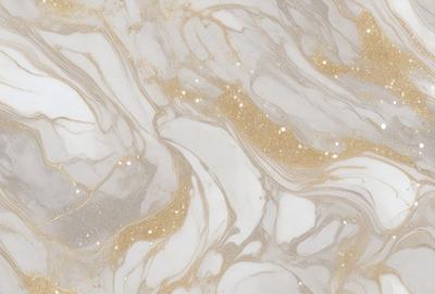 The primary subject of the image is a marble-like surface with a gold-like pattern. The setting is a white marble countertop, and the visual style is a close-up of the marble surface. The colors and mood of the image are predominantly white and gold, creating a luxurious and elegant atmosphere.