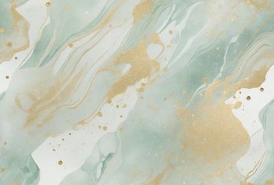 The primary subject of the image is a close-up of a green and gold swirling pattern, which appears to be a painting or a digital artwork. The setting is a white background, and the visual style is a combination of painting and digital art. The dominant colors in the image are green and gold, creating a warm and vibrant atmosphere.