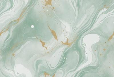 The primary subject of the image is a patterned wallpaper with a green and gold color scheme. The setting is a bathroom, as indicated by the presence of a shower curtain. The visual style is a combination of digital art and illustration, creating a unique and artistic design. The colors and mood of the image are warm and inviting, with the green and gold tones evoking a sense of tranquility and relaxation.