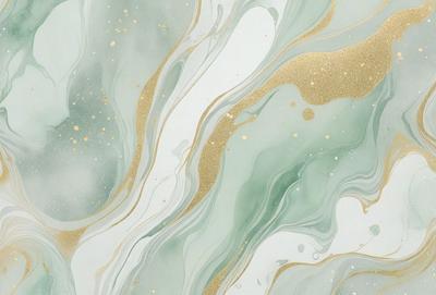 The primary subject of the image is a green and gold swirling pattern, which appears to be a painting or a digital artwork. The setting is a white background, which provides a clean and minimalist appearance. The visual style is a combination of painting and digital art, creating a unique and eye-catching design. The colors and mood of the image are predominantly green and gold, giving it a warm and inviting atmosphere.