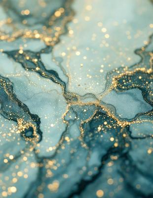 The primary subject of the image is a close-up of a blue marble surface with gold glittering specks. The setting is a dark blue background, which contrasts with the bright gold specks. The visual style is a combination of a photo and digital art, creating a unique and eye-catching effect. The colors and mood of the image are predominantly dark blue and gold, giving it a luxurious and elegant appearance.
