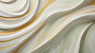The primary subject of the image is a large, curved, and colorful wall. The setting is a room with a white and yellow color scheme. The visual style is a combination of digital art and illustration, creating a unique and artistic appearance. The dominant colors are white, yellow, and green, giving the wall a vibrant and lively atmosphere.