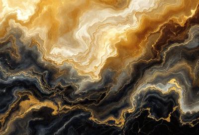 The primary subject of the image is a painting of a colorful, swirling, and abstract landscape. The setting is a black and white background, which contrasts with the vibrant colors of the painting. The visual style is a combination of digital art and illustration, creating a unique and artistic representation of the landscape. The dominant colors in the painting are yellow, orange, and black, giving the scene a warm and dynamic atmosphere.