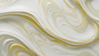 The primary subject of the image is a white and gold swirling pattern, which appears to be a painting or a digital artwork. The setting is a white wall, and the visual style is a combination of photo and digital art. The dominant colors are white and gold, creating a sense of elegance and sophistication.