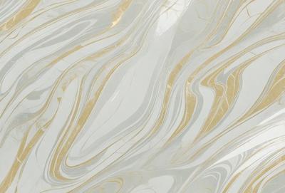 The primary subject of the image is a marble countertop with a gold and white pattern. The setting is a kitchen, and the visual style is a close-up of the countertop. The dominant colors are gold and white, creating a luxurious and elegant atmosphere.
