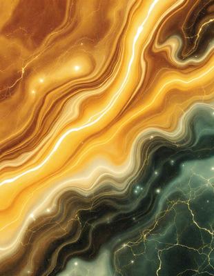 The primary subject of the image is a close-up of a marbled stone, featuring a mix of orange, yellow, and blue colors. The setting is a dark background, which contrasts with the vibrant colors of the marbled stone. The visual style is a combination of a photo and digital art, creating a unique and eye-catching image. The colors and mood of the image are lively and energetic, with the vibrant colors of the marbled stone drawing attention and creating a sense of depth and