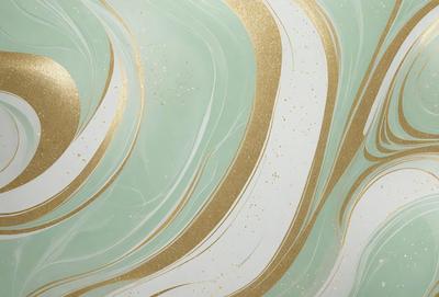 The primary subject of the image is a large, swirling, and colorful design on a wall. The setting is a room with a white background, and the visual style appears to be a combination of digital art and illustration. The dominant colors in the design are gold, green, and white, creating a vibrant and lively atmosphere.