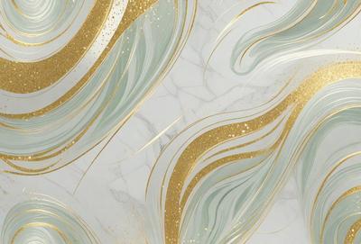 The primary subject of the image is a marble wall with a gold and blue pattern. The setting is a room with a white marble surface. The visual style is a combination of digital art and illustration, creating a unique and eye-catching design. The dominant colors are gold, blue, and white, giving the wall a luxurious and elegant appearance.