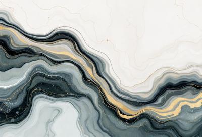The primary subject of the image is a marbled stone wall with a gold and blue color scheme. The setting is a white background, which contrasts with the vibrant colors of the marbled stone. The visual style is a close-up of the marbled stone, showcasing its intricate patterns and textures. The colors and mood of the image are warm and inviting, with the gold and blue hues creating a sense of luxury and sophistication.