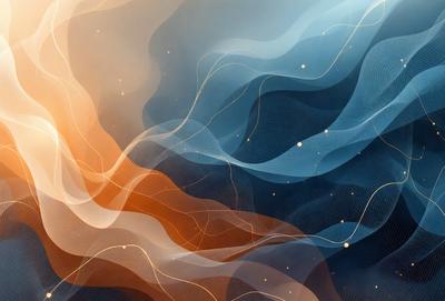 The primary subject of the image is a colorful, abstract design featuring a mix of blue, orange, and yellow colors. The setting is a dark background, which contrasts with the vibrant colors of the design. The visual style appears to be a combination of digital art and illustration, creating a unique and eye-catching pattern. The overall atmosphere of the image is energetic and lively, with the colors and patterns evoking a sense of movement and dynamism.