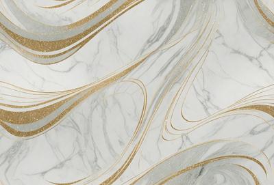 The primary subject of the image is a marble wall with a gold and white pattern. The setting is a room with a white marble wall as the main focus. The visual style is a combination of a photo and digital art, creating a unique and intricate design. The dominant colors are gold and white, giving the wall a luxurious and elegant appearance.