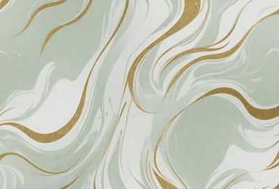 The primary subject of the image is a patterned wallpaper with a gold and white color scheme. The setting is a room with a wall adorned with this unique design. The visual style is a combination of digital art and illustration, creating a modern and sophisticated appearance. The dominant colors are gold and white, which evoke a sense of luxury and elegance.