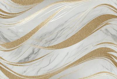 The primary subject of the image is a marble wall with a gold and white pattern. The setting is a room with a white marble countertop. The visual style is a combination of digital art and illustration, creating a unique and elegant design. The dominant colors are gold, white, and grey, giving the wall a luxurious and sophisticated appearance.