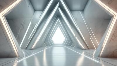 The primary subject of the image is a white, modern-looking building with a large, open doorway. The setting is a white room with a marble-like surface, giving it a clean and sophisticated appearance. The visual style is a combination of photo and digital art, creating a unique and modern atmosphere. The colors and mood are predominantly white, giving the space a bright and airy feel.