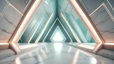 The primary subject of the image is a large, open, and brightly lit room with a marble floor. The room features a large, open doorway with a triangular shape, and the walls are adorned with a series of triangular shapes. The setting appears to be a futuristic or modern environment, possibly a lobby or a large public space. The visual style of the image is a combination of photo and digital art, creating a unique and captivating atmosphere. The colors and mood of the image are