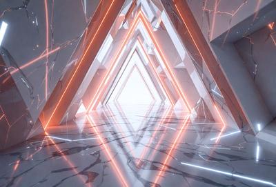 The primary subject of the image is a large, open, and empty room with a reflective surface. The room is filled with a series of white and red triangles, creating a visually striking and unique environment. The setting appears to be a futuristic or modern space, possibly a museum or an art installation. The visual style of the image is a combination of digital art and illustration, with the triangles and reflective surface adding depth and intrigue to the scene. The colors and mood of the image are predominantly