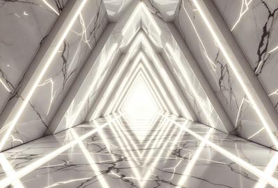 The primary subject of the image is a long, narrow hallway with a reflective surface. The setting is a marble-lined hallway, and the visual style is a combination of photo and digital art. The colors and mood of the image are predominantly white, giving it a clean and minimalist appearance.