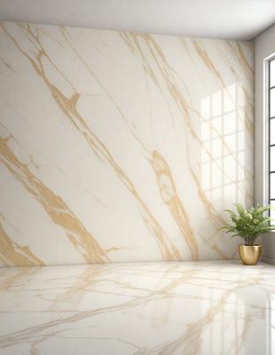 The primary subject of the image is a marble wall with a gold vase placed on it. The setting is a room with a window, and the visual style is a photo. The colors and mood of the image are predominantly neutral, with the marble wall and gold vase adding a touch of elegance and sophistication to the space.