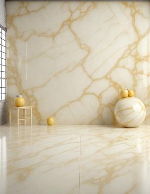 The primary subject of the image is a marble wall with a yellow ball on it. The setting is a room with a white marble floor. The visual style is a photo, and the colors and mood are predominantly white and neutral, giving the room a clean and elegant appearance.