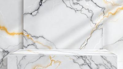 The primary subject of the image is a marble countertop with a white and gold color scheme. The setting is a kitchen, and the visual style is a photo. The countertop has a patterned design, and the overall atmosphere is elegant and sophisticated.